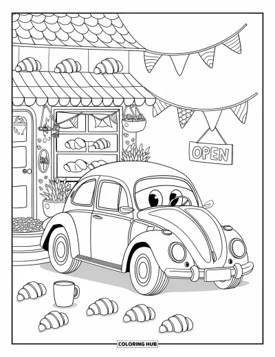 Classic Car Coloring Page for Adults: Vintage Beetle car smiling near a bakery