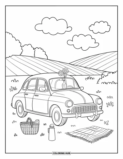 Classic Car Coloring Page for Adults: Vintage car at a countryside picnic spot with basket