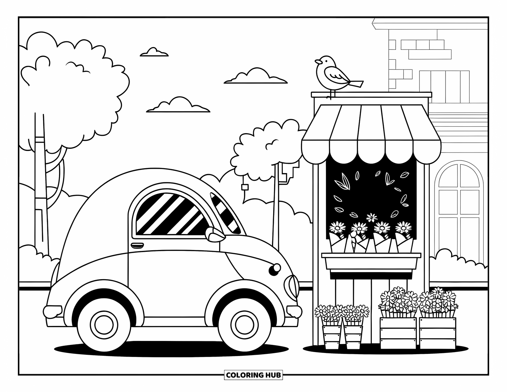 Classic Car Coloring Page for Adults: Vintage car near a flower shop with daisies