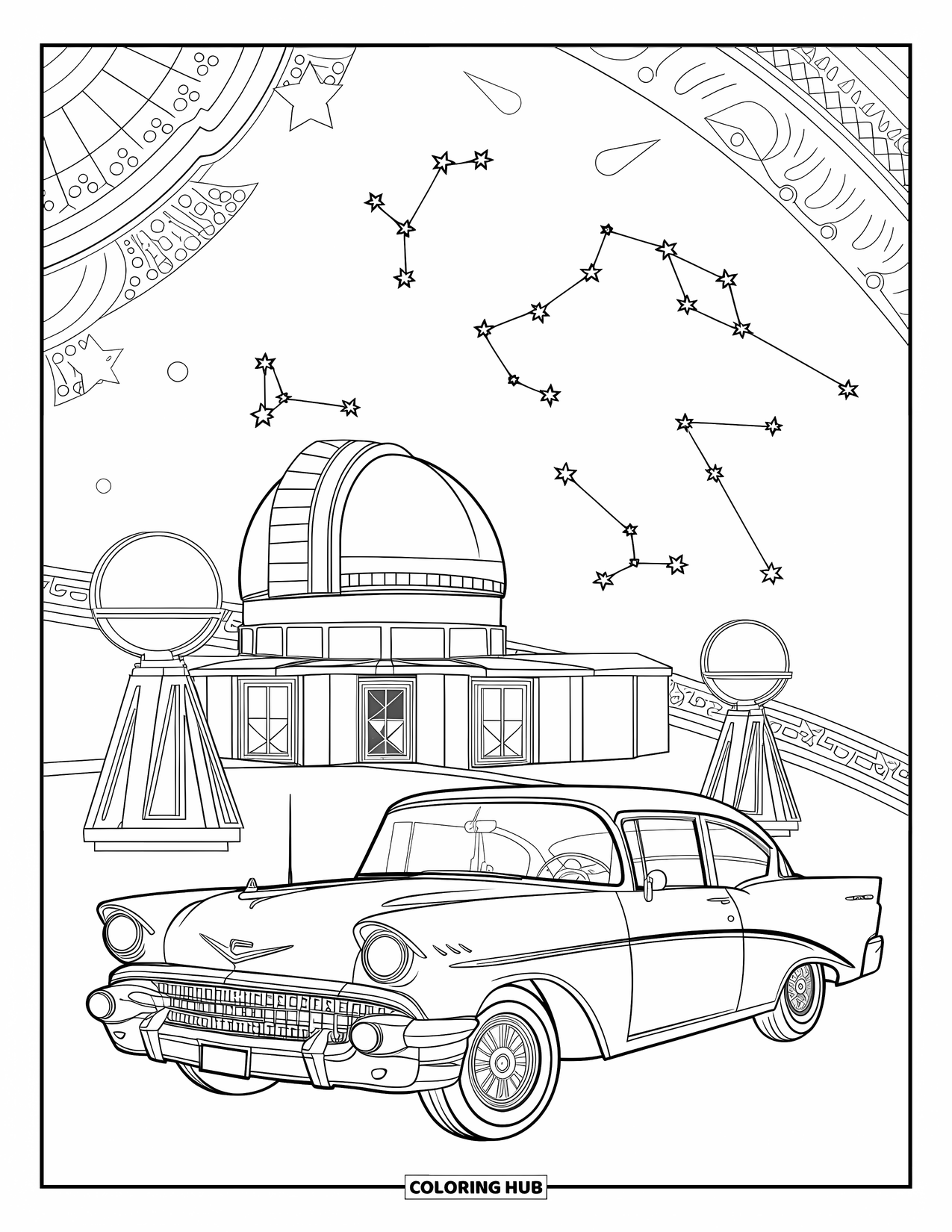 Classic Car Coloring Page for Adults: Vintage car parked at a hilltop observatory