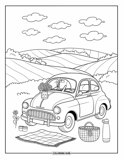 Classic Car Coloring Page for Adults: Vintage car parked with picnic setup