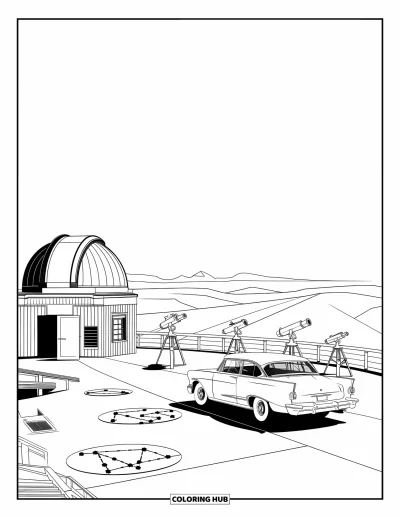 Classic Car Coloring Page for Adults: Vintage car with constellation markers at observatory