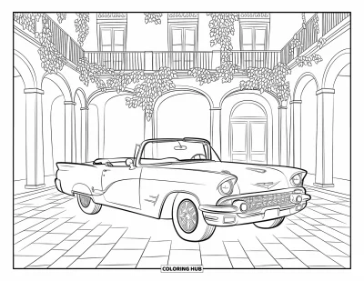 Classic Car Coloring Page for Adults: Vintage convertible near ivy-covered balconies