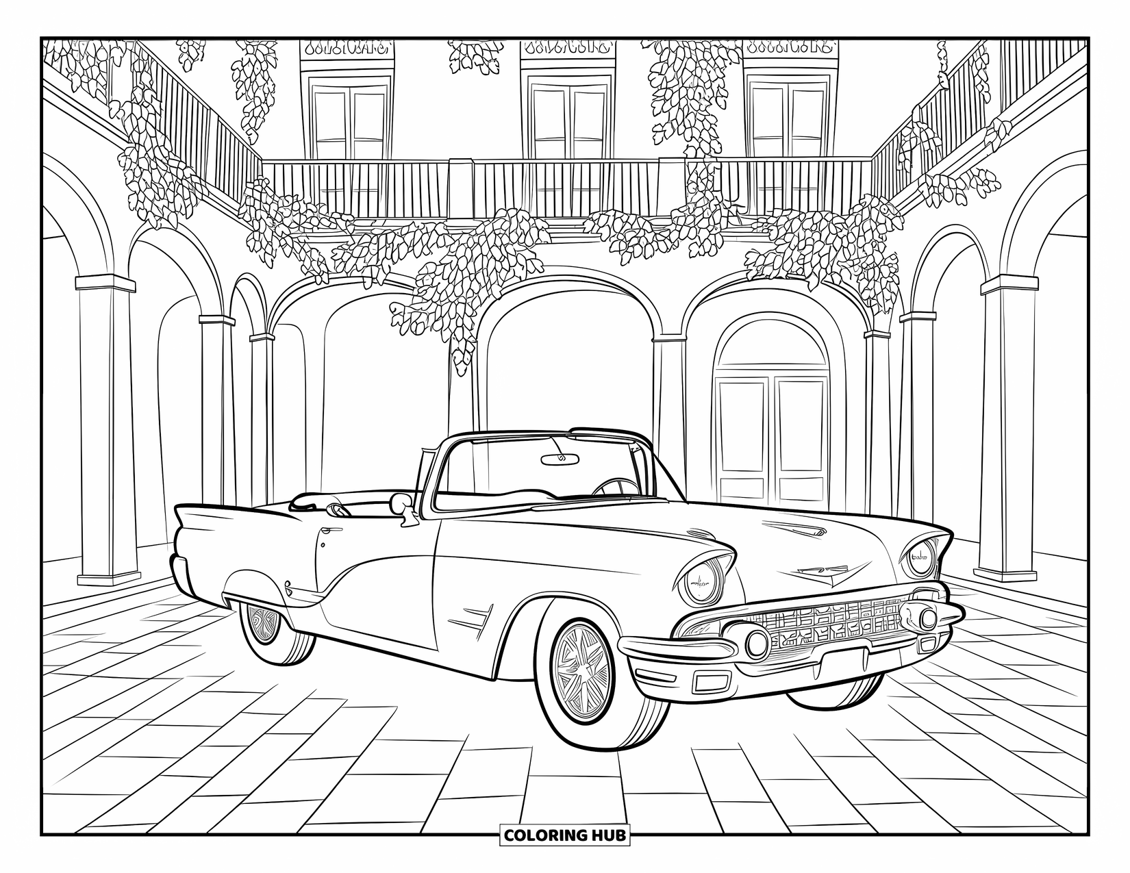 Classic Car Coloring Page for Adults: Vintage convertible near ivy-covered balconies