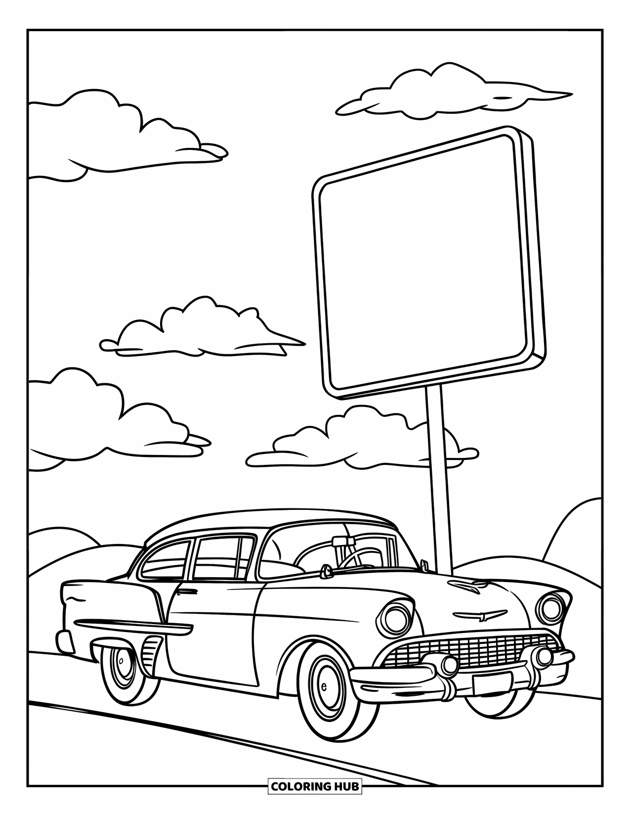 Classic Car Coloring Page for Kids: 1950s bubble-top car under clouds with a road sign