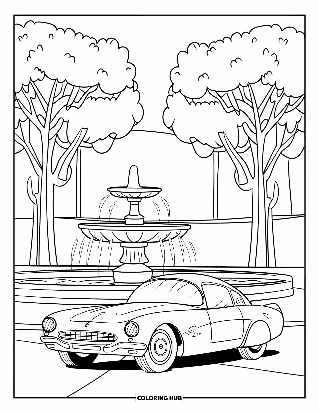 Classic Car Coloring Page for Kids: Bubble-top car near classic fountain and two tall trees
