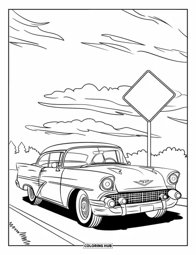 Classic Car Coloring Page for Kids: Bubble-top vintage car driving under fluffy clouds