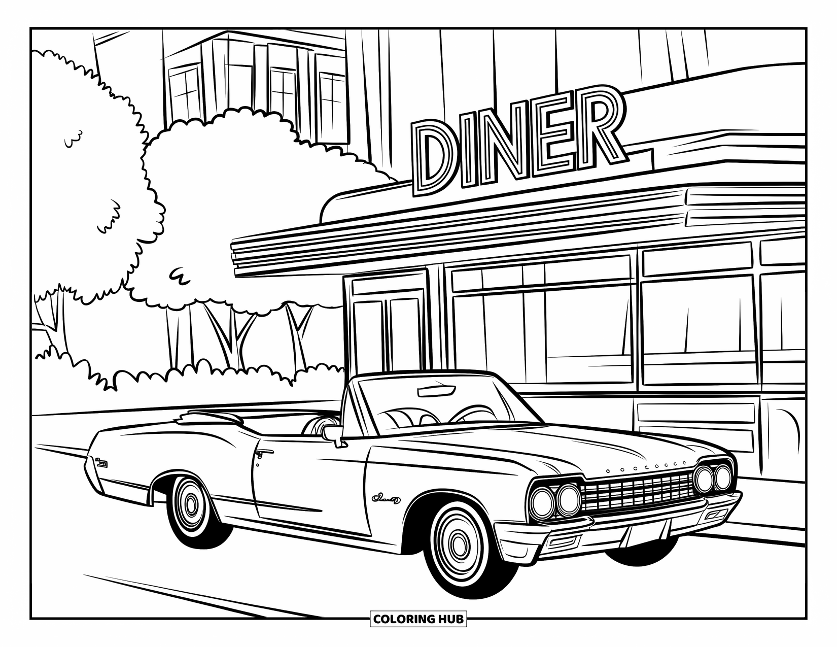Classic Car Coloring Page for Kids: Classic convertible near diner with top down