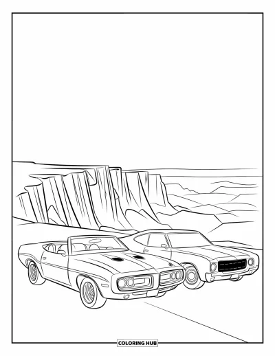 Classic Car Coloring Page for Kids: Classic muscle car and coupe parked near scenic cliffs