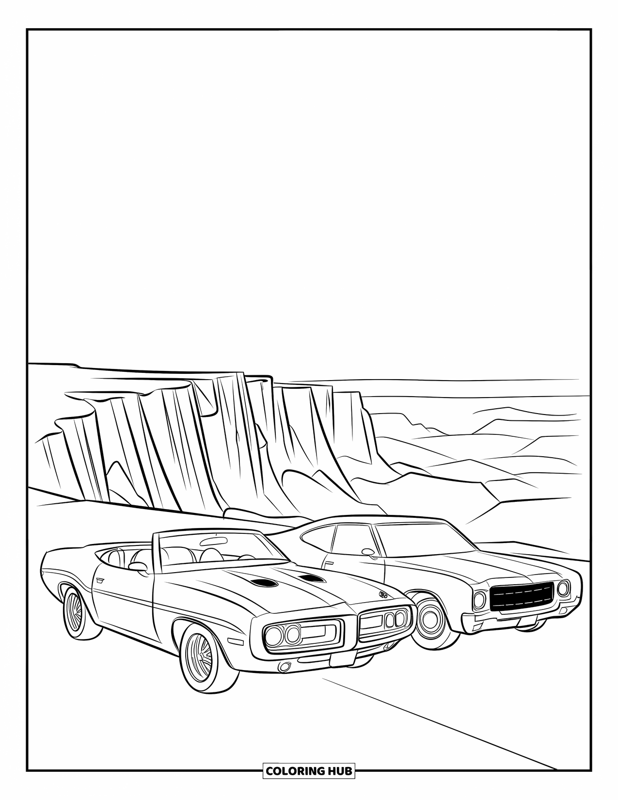 Classic Car Coloring Page for Kids: Classic muscle car and coupe parked near scenic cliffs