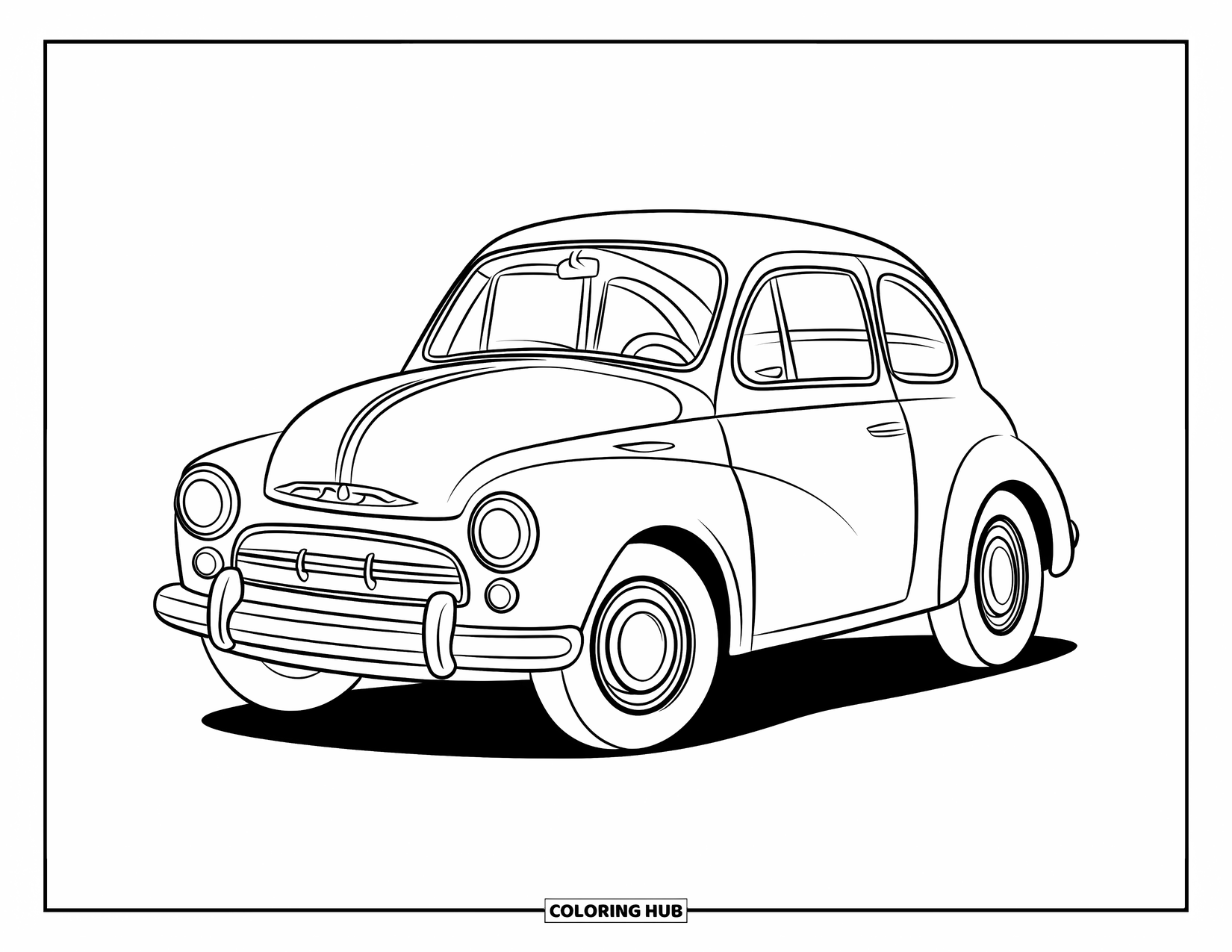 Classic Car Coloring Page for Kids: Compact classic car with curved fenders and cheerful vibe