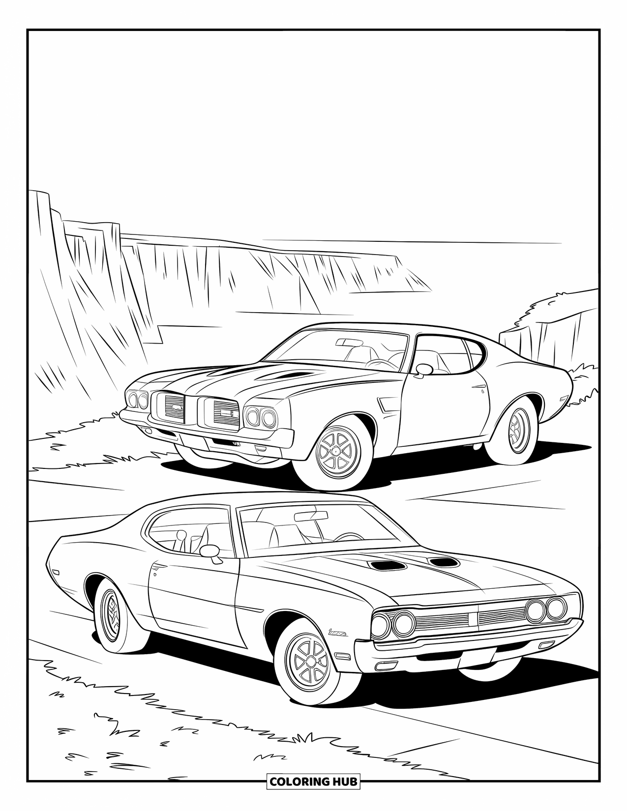 Classic Car Coloring Page for Kids: Convertible and coupe cars overlooking distant cliffs