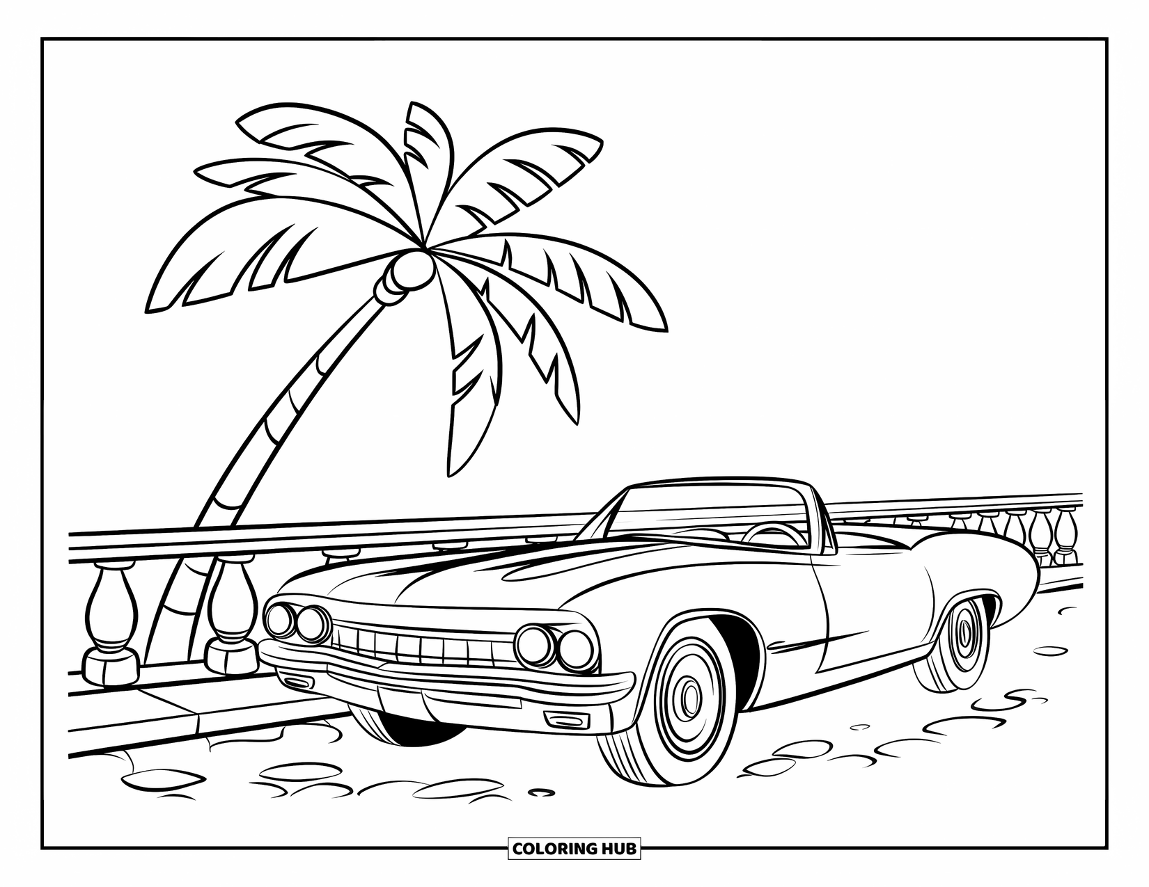 Classic Car Coloring Page for Kids: Convertible beside a palm tree with a curved railing