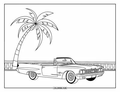 Classic Car Coloring Page for Kids: Convertible car parked near a palm tree and boardwalk