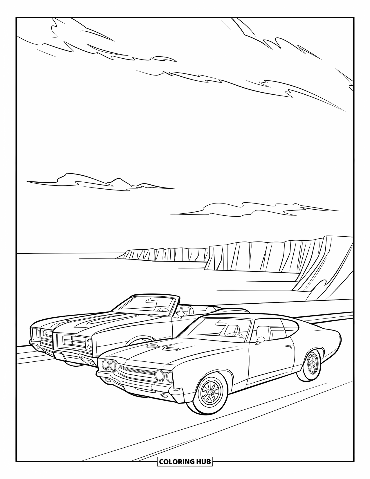 Classic Car Coloring Page for Kids: Convertible muscle car and retro coupe at a cliff overlook