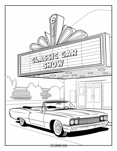 Classic Car Coloring Page for Kids: Convertible under a retro marquee at classic car show