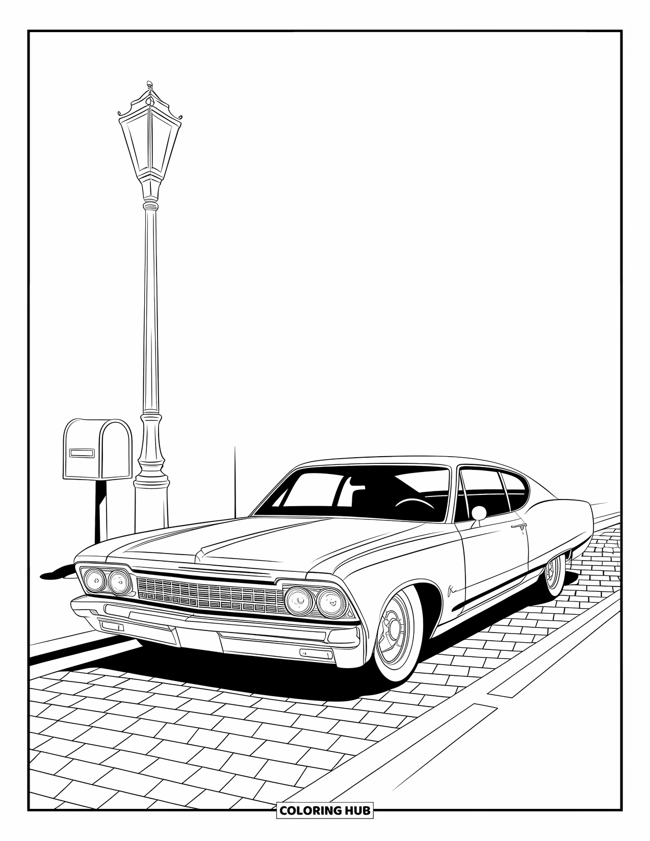 Classic Car Coloring Page for Kids: Coupe parked near mailbox and brick-paved street