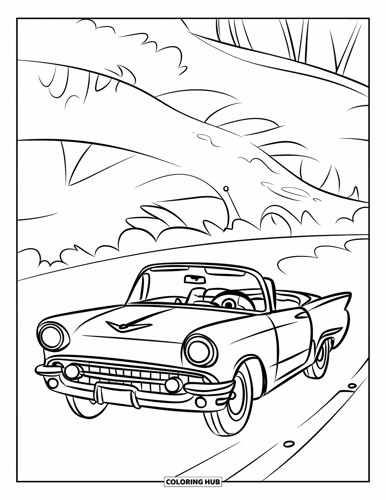 Classic Car Coloring Page for Kids: Cute classic convertible with big round headlights