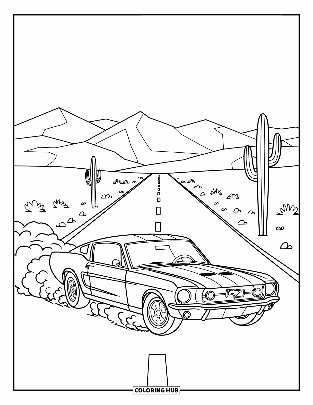 Classic Car Coloring Page for Kids: Desert road drift with a Mustang-style car