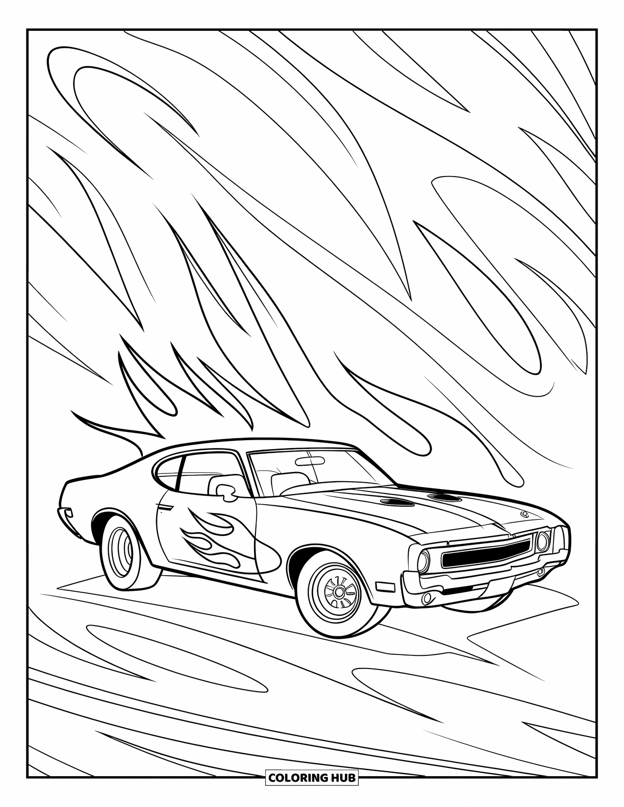 Classic Car Coloring Page for Kids: Flame-patterned muscle car with long hood and short rear