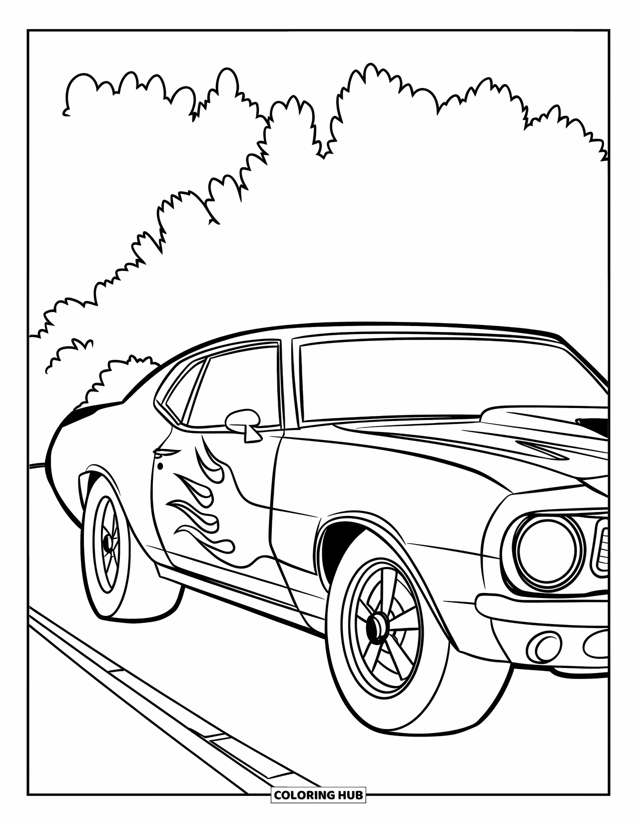 Classic Car Coloring Page for Kids: Muscle car with flames beside a grassy field