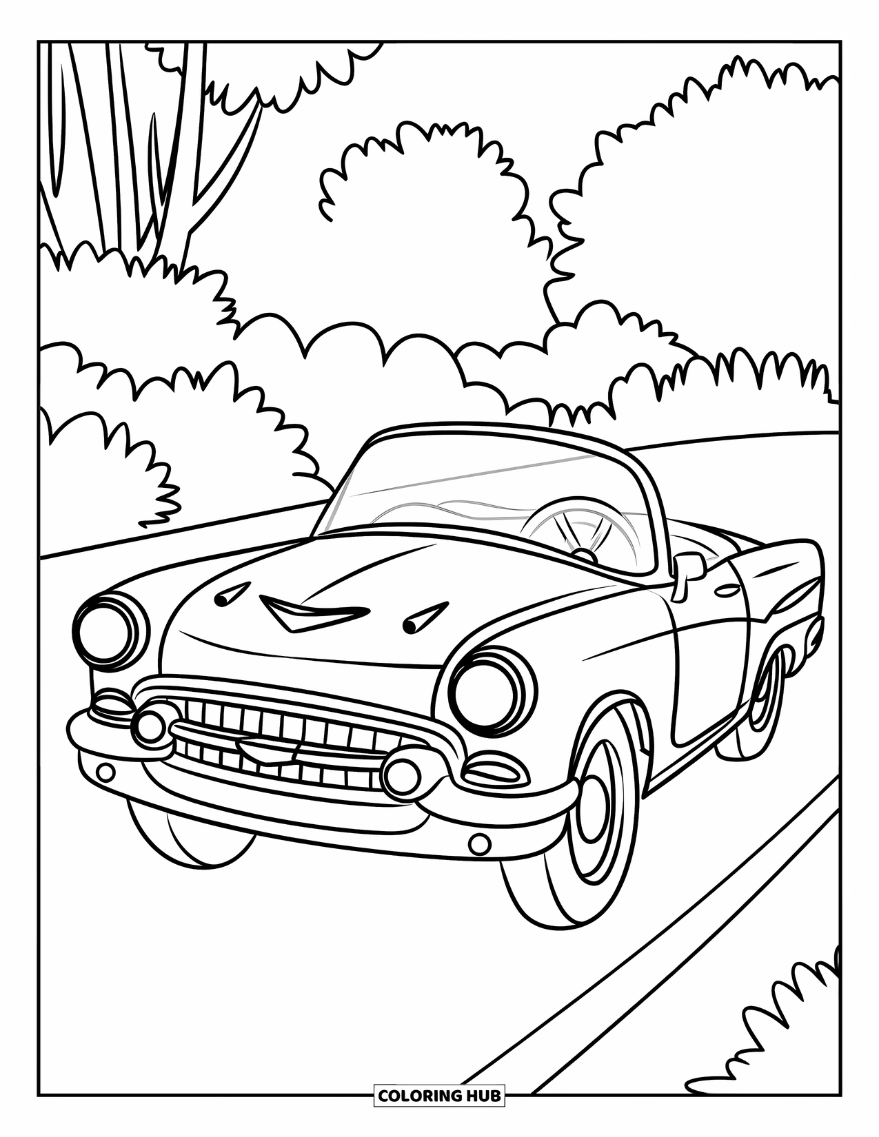 Classic Car Coloring Page for Kids: Playful convertible car with bold outlines
