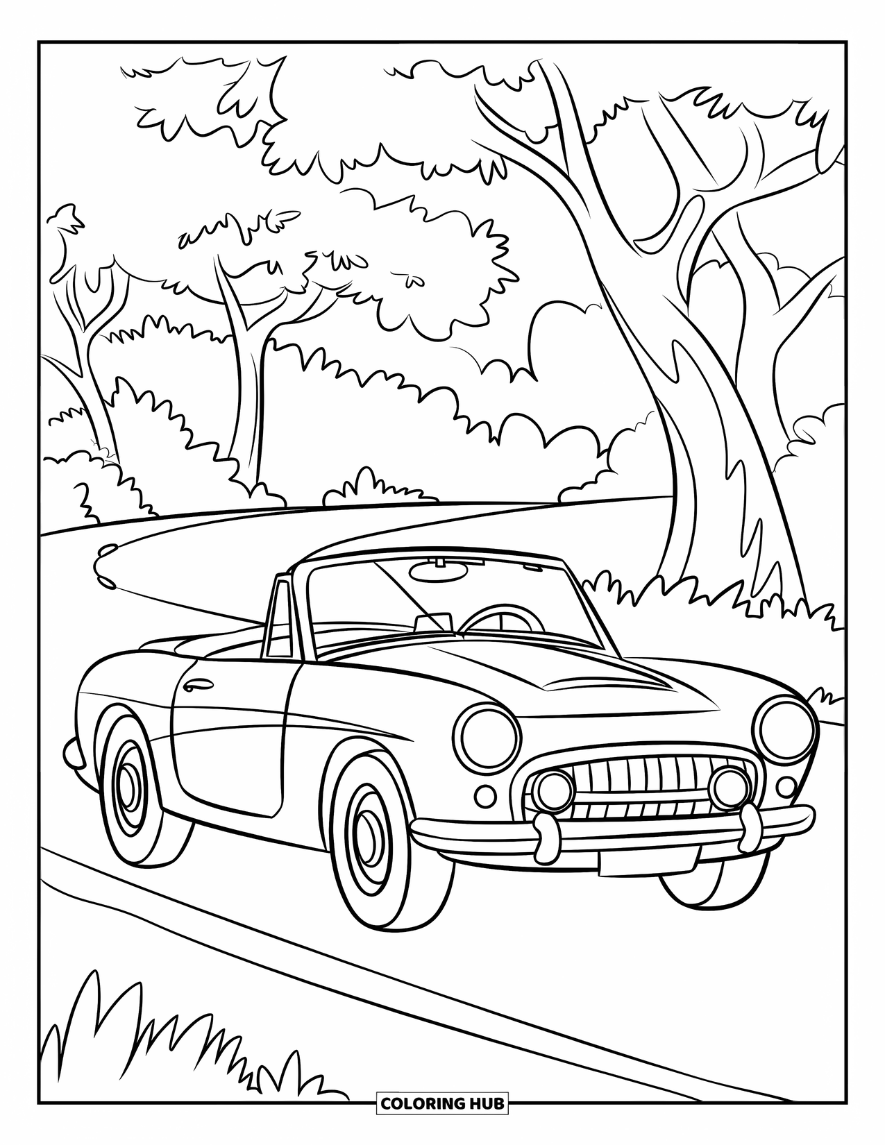 Classic Car Coloring Page for Kids: Simple convertible car on a quiet road