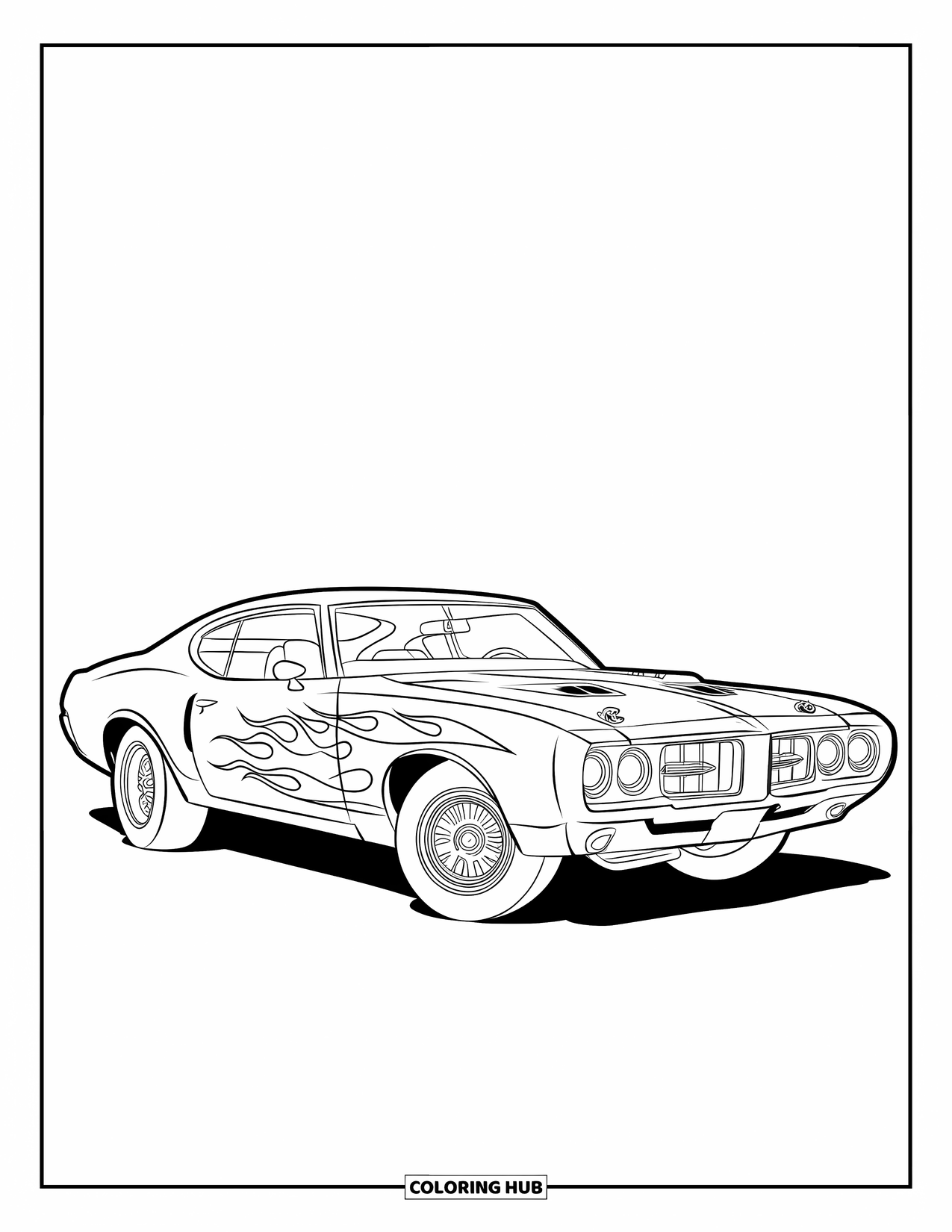 Classic Car Coloring Page for Kids: Sleek muscle car with flame designs and large grille
