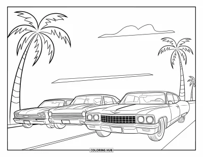 Classic Car Coloring Page for Kids: Three vintage cars in a sunny parade scene