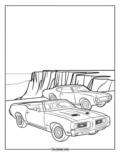Classic Car Coloring Page for Kids: Two classic cars parked near a scenic cliff view