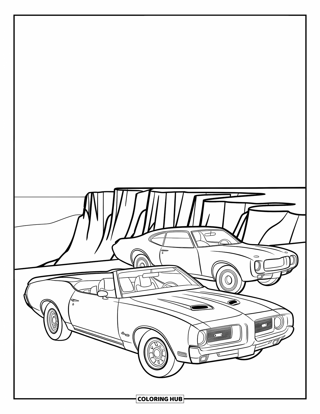 Classic Car Coloring Page for Kids: Two classic cars parked near a scenic cliff view