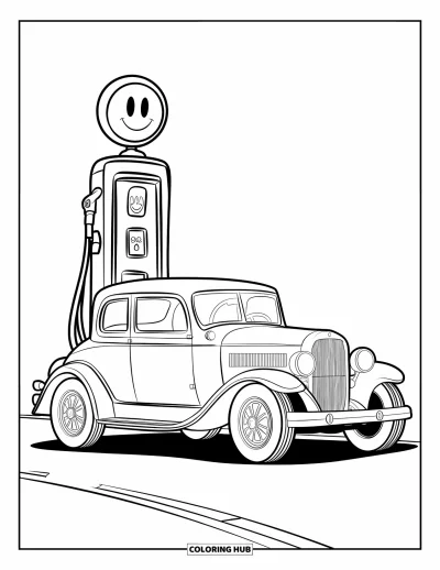 Classic Car Coloring Page for Kids: Vintage car parked by cheerful gas pump