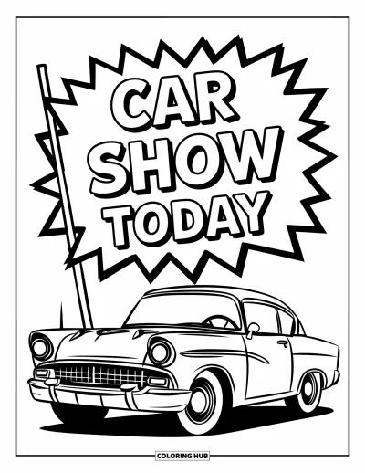 Classic Car Coloring Page for Kids: Vintage coupe beside banner announcing a car show