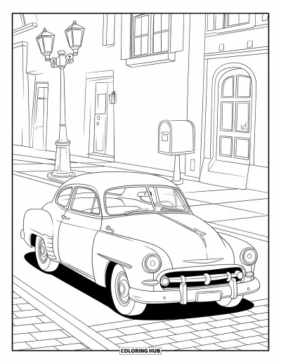 Classic Car Coloring Page for Kids: Vintage coupe on brick road by streetlamp
