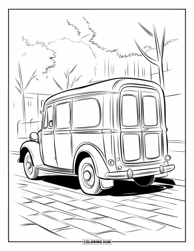 Classic Car Coloring Page for Kids: Vintage delivery car parked on cobblestone street
