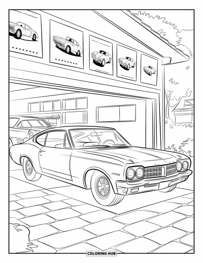 Classic Car Coloring Page for Kids: Vintage fastback by an open garage with posters