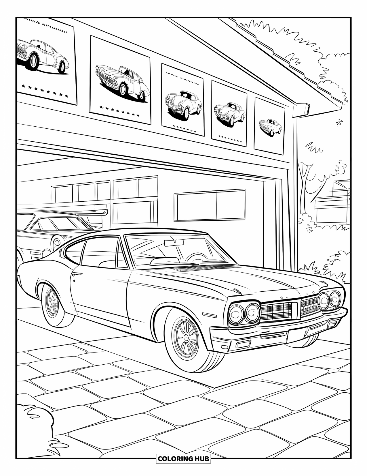 Classic Car Coloring Page for Kids: Vintage fastback by an open garage with posters