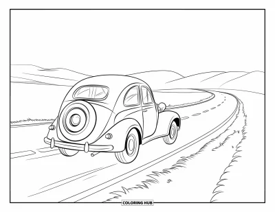 Classic Car Coloring Page for Kids: Vintage round car driving on a winding road with hills