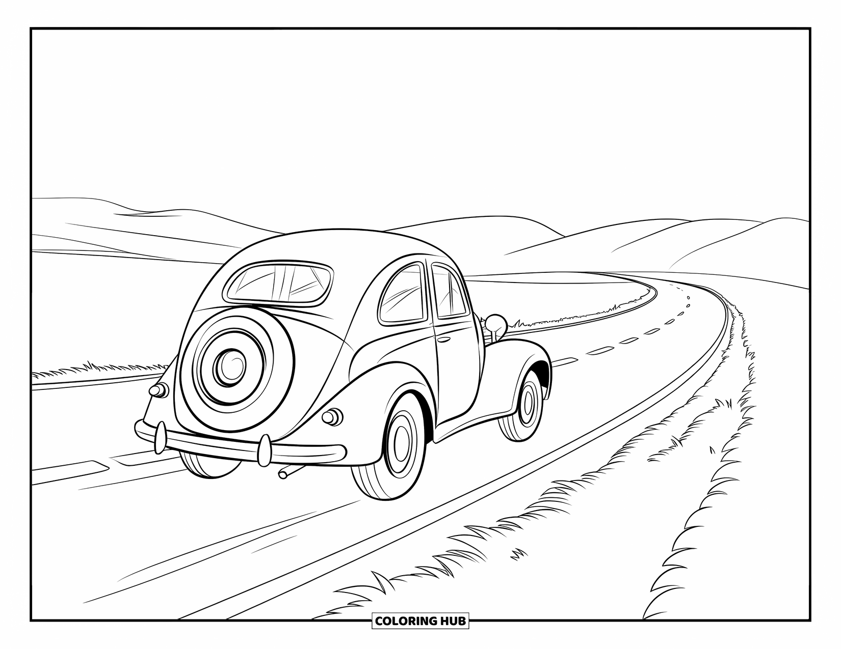 Classic Car Coloring Page for Kids: Vintage round car driving on a winding road with hills
