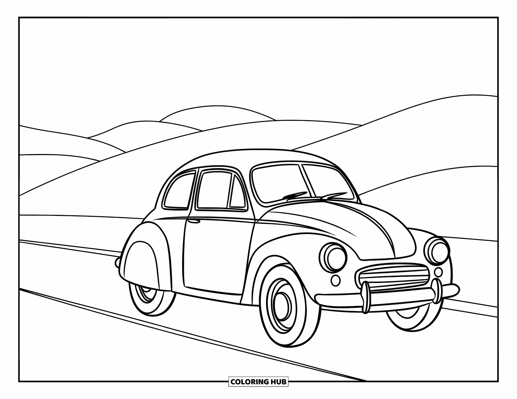 Classic Car Coloring Page for Kids: Vintage round car on road with hills in distance