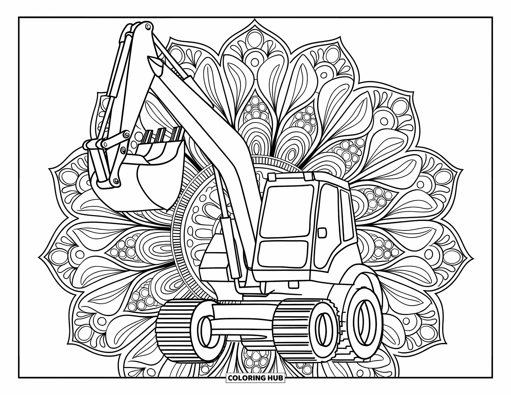 Construction Vehicle Coloring Page for Adults: A backhoe with lifted bucket stands before intricate circular mandala petals