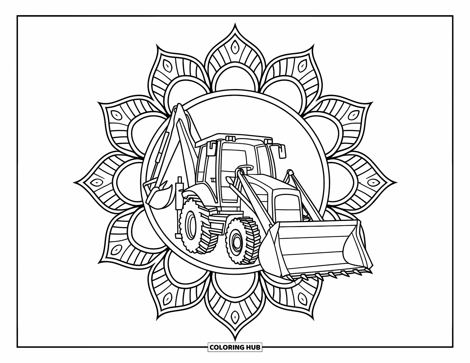 Construction Vehicle Coloring Page for Adults: A backhoe with raised bucket is framed by detailed mandala petals