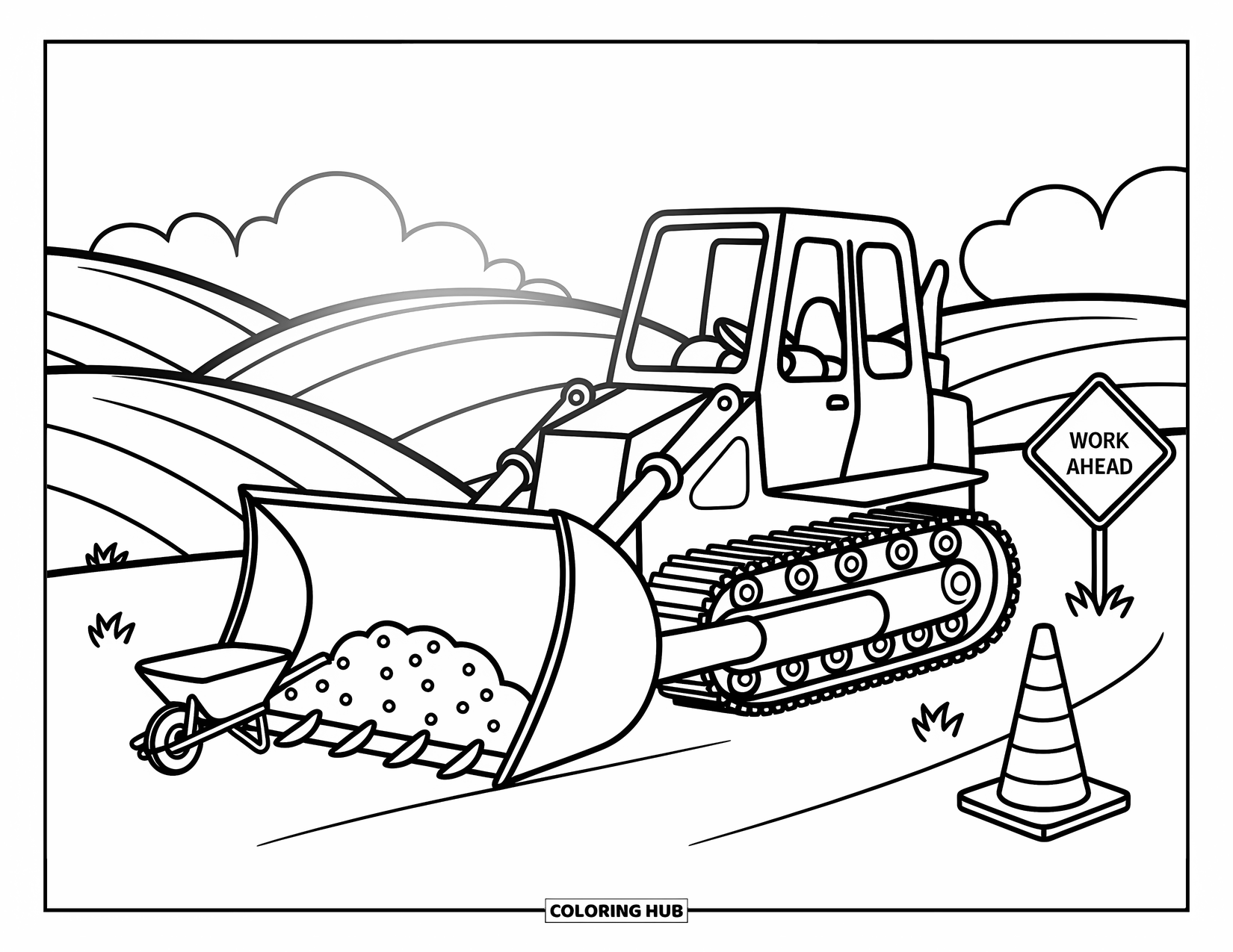 Construction Vehicle Coloring Page for Adults: A bulldozer gently pushes soil with a wheelbarrow, cone, and sign beside it