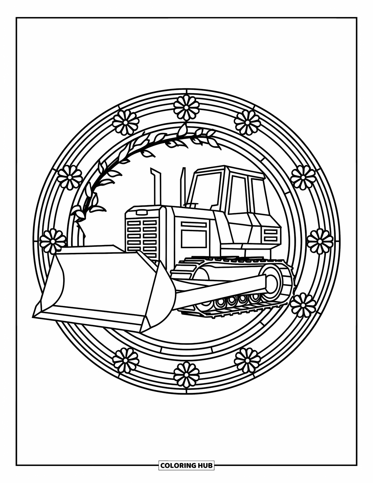Construction Vehicle Coloring Page for Adults: A bulldozer is framed by stained glass with floral patterns and borders