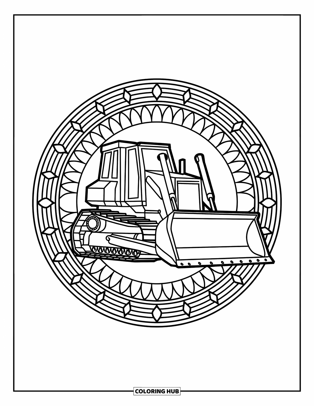 Construction Vehicle Coloring Page for Adults: A bulldozer rests inside a decorative stained glass circle