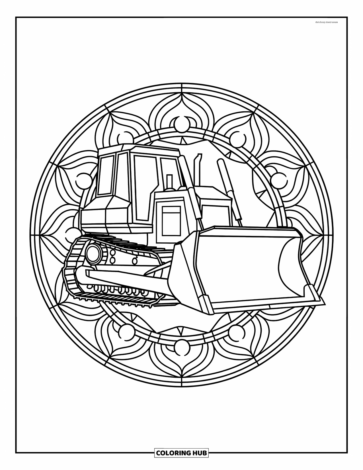 Construction Vehicle Coloring Page for Adults: A bulldozer sits within a round stained glass pattern