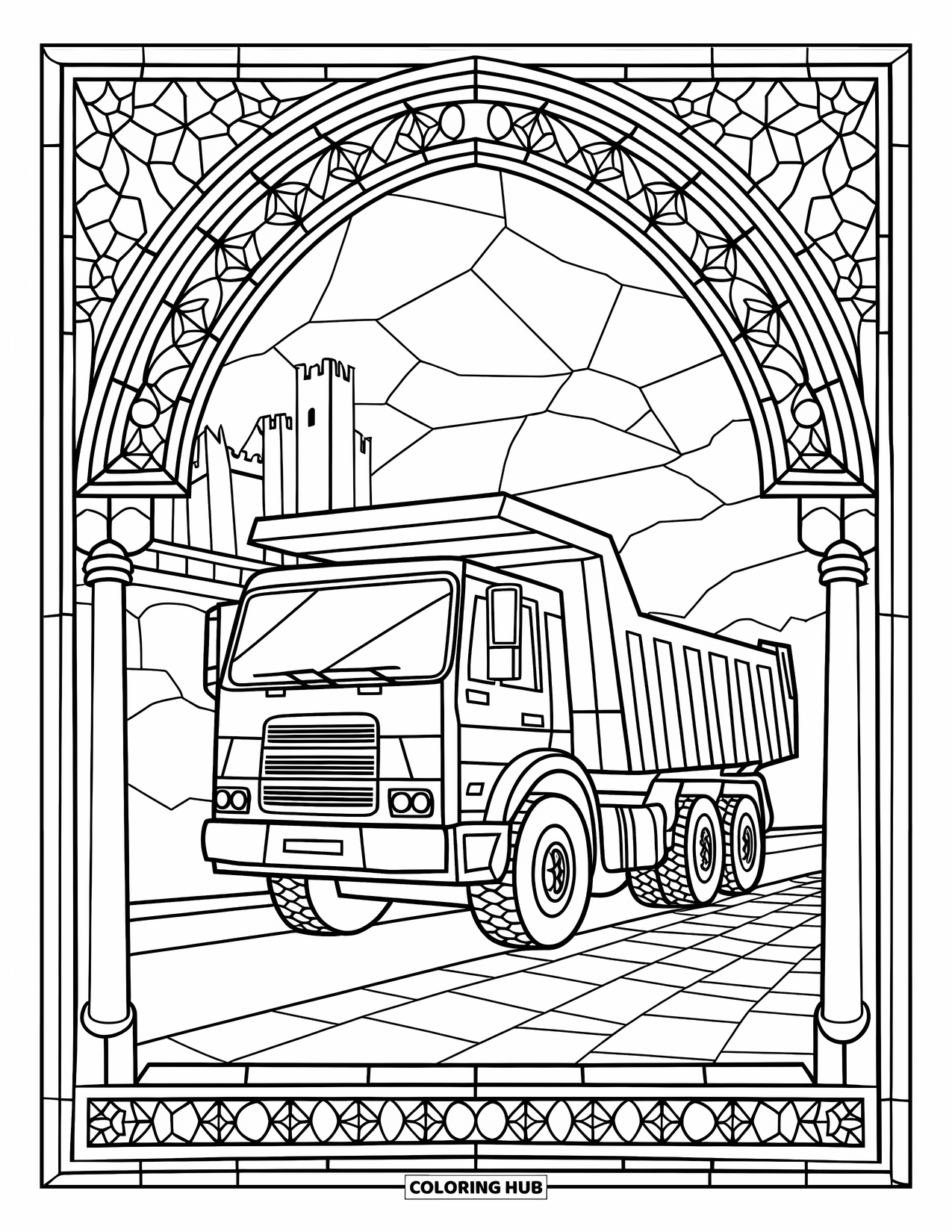Construction Vehicle Coloring Page for Adults: A dump truck framed by stained glass sits on a cobblestone road with a castle