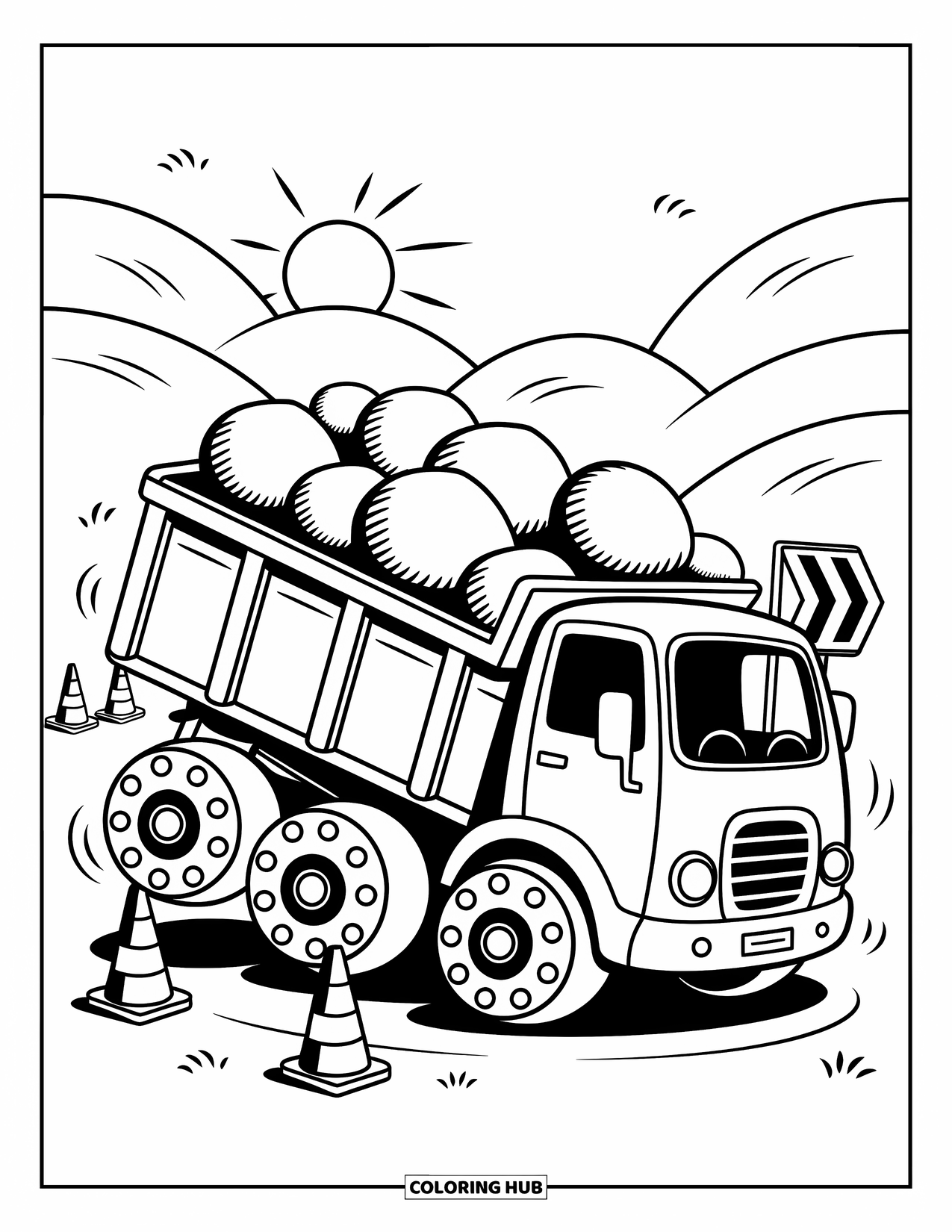 Construction Vehicle Coloring Page for Adults: A dump truck tilts its bed full of round boulders with cones and sign
