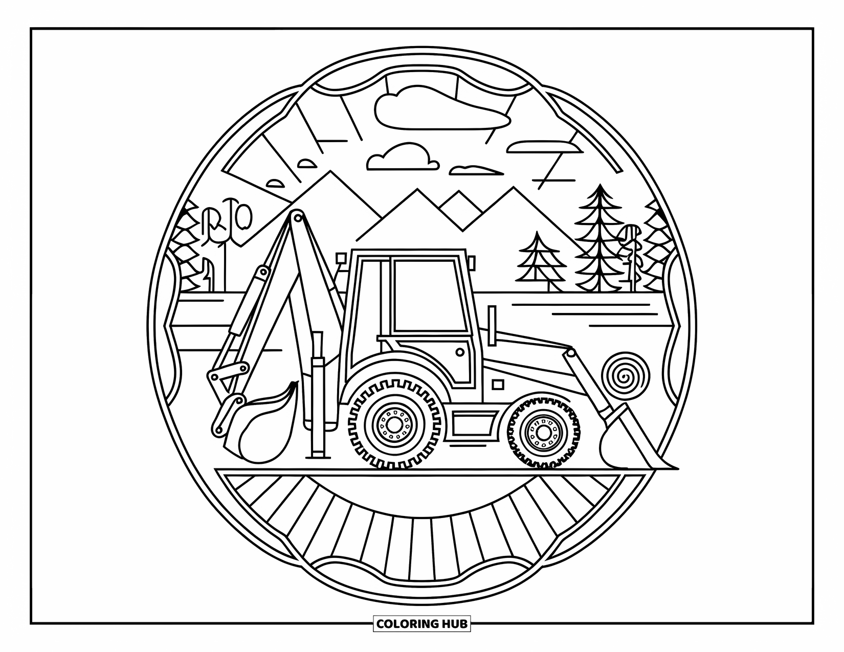 Construction Vehicle Coloring Page for Adults: A mandala design features a backhoe with hose against a peaceful landscape