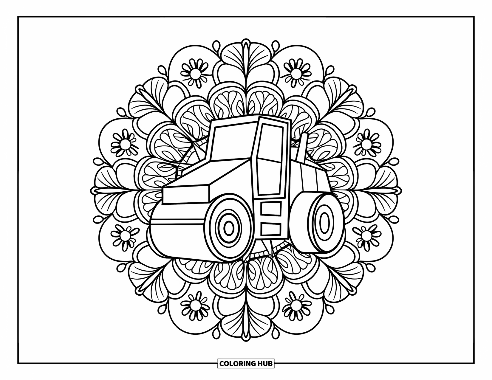 Construction Vehicle Coloring Page for Adults: A road roller sits inside a circular mandala of flowers, leaves, and vines